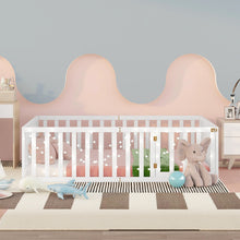 Load image into Gallery viewer, iRerts Full Floor Bed Frame for Kids Toddlers, Wood Montessori Low Floor Full Size Bed Frame with Fence Guardrail and Door, kids Full Bed for Boys Girls, Spring Needed, White