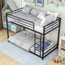 Load image into Gallery viewer, iRerts Twin Over Twin Bunk Bed, Metal Floor Bunk Bed Twin Over Twin with Ladder and Safety Guardrails, Heavy Duty Twin Over Twin Low Bunk Bed or Kids Teens Adults Bedroom, No Box Spring Needed, Black