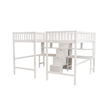 Load image into Gallery viewer, iRerts Twin Loft Bed Frame, Modern Twin & Twin Size Loft Bed with 2 Built-in Desks and Guardrail, Wood Loft Bed with Shelves and Storage Staircase, Twin Loft Bed for Kids Teens Adult Bedroom, White