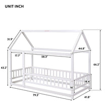 Load image into Gallery viewer, iRerts Twin Bed Frame Floor Bed, Wooden Kids Twin Bed Frame with House Roof Frame, Floor Twin Bed Frame for Toddlers Girls Boys Bedroom, House Floor Bed Frame with Fence Guardrails, White