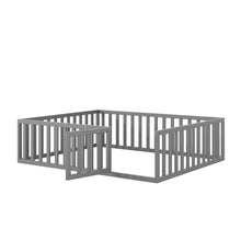 Load image into Gallery viewer, iRerts Queen Floor Bed Frame for Kids Toddlers, Wood Montessori Low Floor Queen Size Bed Frame with Fence Guardrail and Door, kids Queen Bed for Boys Girls, Spring Needed, Gray