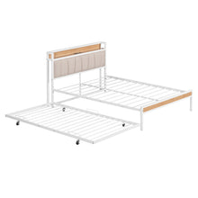 Load image into Gallery viewer, iRerts Metal Full Platform Bed Frame with Trundle, Industrial Full Bed Frame with Storage Upholstered Headboard, USB Ports, Socket, Full Size Bed Frame No Box Spring Needed for Bedroom, White