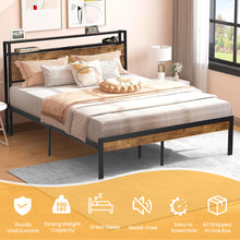 Load image into Gallery viewer, iRerts Queen Platform Bed Frame with Storage, Metal Queen Bed Frame with USB Ports, Storage Headboard, No Box Spring Needed, Industrial Bed Frame Queen Size for Bedroom, Black Brown