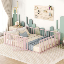 Load image into Gallery viewer, iRerts Queen Floor Bed Frame, Metal Queen Size Montessori Floor Bed Frame with Fence and Door, Kids Toddler Floor Bed Frame Queen Size for Girls Boys, Twin Bed Frame without Bed Slats, Pink