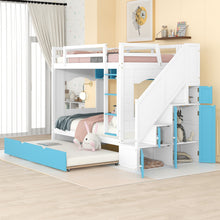 Load image into Gallery viewer, iRerts Wood Bunk Bed Twin over Twin , Modern Twin Over Twin Bunk Bed with Trundle, Storage Cabinet, Stairs and Ladders, Twin Bunk Beds for Kids Teens Adults Bedroom, White/Blue
