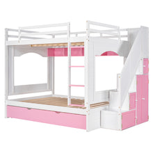 Load image into Gallery viewer, iRerts Full Over Full Bunk Bed with Trundle, Solid Wood Bunk Beds Full over Full with Storage Cabinet, Stairs and Ladders, Full Bunk Beds for Kids Teens Bedroom, White/Pink