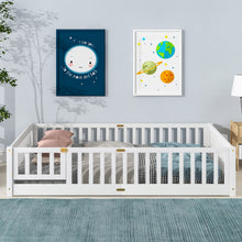 Load image into Gallery viewer, iRerts Queen Floor Bed Frame for Kids Toddlers, Wood Low Floor Queen Size Bed Frame with Fence Guardrail and Door, kids Queen Bed for Boys Girls, No Box Spring Needed, White
