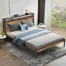 Load image into Gallery viewer, iRerts Full Platform Bed Frame with Storage, Metal Full Bed Frame with USB Ports, Storage Headboard, No Box Spring Needed, Industrial Bed Frame Full Size for Bedroom, Black Brown