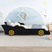 Load image into Gallery viewer, iRerts Twin Size Race Car Bed Frame with Wheels, Wood Twin Platform Bed Frame with Support Slats, Twin Bed Frame for Kids Boys Girls Teens Bedroom, No Box Spring Needed, Black/Yellow