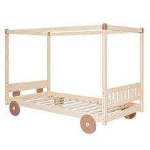Load image into Gallery viewer, iRerts Wood Twin Size Canopy Bed, Car-Shaped Twin Platform Bed Frame for Kids Toddlers Boys Girls, Cute Kids Twin Bed Frame with Slats Support for Kids Bedroom, No Box Spring Needed, Natural