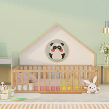 Load image into Gallery viewer, iRerts Queen Floor Bed Frame for Kids Toddlers, Wood Montessori Low Floor Queen Size Bed Frame with Fence Guardrail and Door, kids Queen Bed for Boys Girls, Spring Needed, Natural