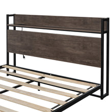 Load image into Gallery viewer, iRerts Queen Platform Bed Frame with Storage, Metal Queen Bed Frame with Charging Station Storage Headboard, No Box Spring Needed, Industrial Bed Frame Queen Size for Bedroom, Mocha Wood
