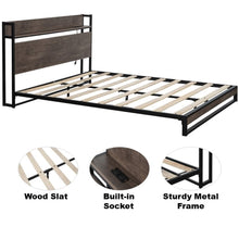 Load image into Gallery viewer, iRerts Queen Bed Frame with Socket, Industrial Metal Queen Platform Bed Frame with Storage Shelf Headboard, No Box Spring Needed, Queen Size Bed Frames for Bedroom, Mocha Wood