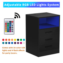 Load image into Gallery viewer, iRerts Nightstand for Bedroom, Wood End Side Table with Wireless Charging, USB Charging Ports, 16 LED Lights, 3 Storage Drawers, Modern Bedside Table LED Nightstand for Bedroom Living Room, Black