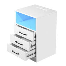 Load image into Gallery viewer, iRerts Bedside Table with Charging Station Wireless, Modern Nightstand for Bedroom with Plug Outlets, 2 USB Ports, 3 Drawers, 16 LED Lights, Wood Night Stands End Side Table for Bedroom Office, White
