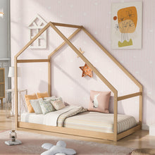 Load image into Gallery viewer, iRerts Twin House Bed with Roof, Wood Kids Twin Bed Frame House Bed, Toddler House Bed Frame for Boys Girls, Twin Floor Bed Frame for Kids Bedroom Living Room, Natural