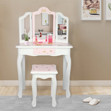 Load image into Gallery viewer, iRerts Kids Makeup Vanity Set, Wooden Kids Vanity Set with Tri-Folding Mirror and Stool, Girls Vanity Makeup Dressing Table with Drawer, Kids Bedroom Furniture Kids Vanity Table and Chair Set