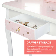 Load image into Gallery viewer, iRerts Kids Makeup Vanity Set, Wooden Kids Vanity Set with Tri-Folding Mirror and Stool, Girls Vanity Makeup Dressing Table with Drawer, Kids Bedroom Furniture Kids Vanity Table and Chair Set