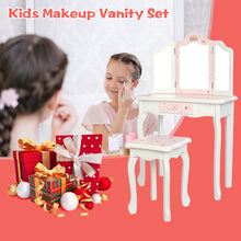 Load image into Gallery viewer, iRerts Kids Makeup Vanity Set, Wooden Kids Vanity Set with Tri-Folding Mirror and Stool, Girls Vanity Makeup Dressing Table with Drawer, Kids Bedroom Furniture Kids Vanity Table and Chair Set