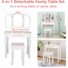 Load image into Gallery viewer, iRerts Kids Makeup Vanity Set, Wooden Kids Vanity Set with Tri-Folding Mirror and Stool, Girls Vanity Makeup Dressing Table with Drawer, Kids Bedroom Furniture Kids Vanity Table and Chair Set