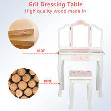 Load image into Gallery viewer, iRerts Kids Makeup Vanity Set, Wooden Kids Vanity Set with Tri-Folding Mirror and Stool, Girls Vanity Makeup Dressing Table with Drawer, Kids Bedroom Furniture Kids Vanity Table and Chair Set