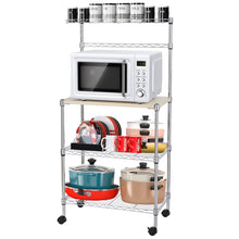 Load image into Gallery viewer, Metal Kitchen Bakers Rack, iRerts 4 Tier Metal Kitchen Organization Shelf Rack with Wheels, Adjustable Shelves and Wood Table, Microwave Oven Stand Coffee Bar Table Station for kitchen Office, Silver