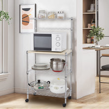 Load image into Gallery viewer, Metal Kitchen Bakers Rack, iRerts 4 Tier Metal Kitchen Organization Shelf Rack with Wheels, Adjustable Shelves and Wood Table, Microwave Oven Stand Coffee Bar Table Station for kitchen Office, Silver