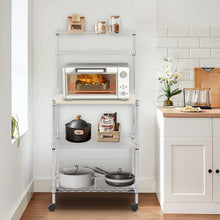 Load image into Gallery viewer, Metal Kitchen Bakers Rack, iRerts 4 Tier Metal Kitchen Organization Shelf Rack with Wheels, Adjustable Shelves and Wood Table, Microwave Oven Stand Coffee Bar Table Station for kitchen Office, Silver