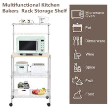Load image into Gallery viewer, Metal Kitchen Bakers Rack, iRerts 4 Tier Metal Kitchen Organization Shelf Rack with Wheels, Adjustable Shelves and Wood Table, Microwave Oven Stand Coffee Bar Table Station for kitchen Office, Silver