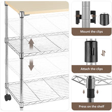 Load image into Gallery viewer, Metal Kitchen Bakers Rack, iRerts 4 Tier Metal Kitchen Organization Shelf Rack with Wheels, Adjustable Shelves and Wood Table, Microwave Oven Stand Coffee Bar Table Station for kitchen Office, Silver