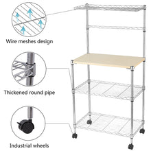 Load image into Gallery viewer, Metal Kitchen Bakers Rack, iRerts 4 Tier Metal Kitchen Organization Shelf Rack with Wheels, Adjustable Shelves and Wood Table, Microwave Oven Stand Coffee Bar Table Station for kitchen Office, Silver
