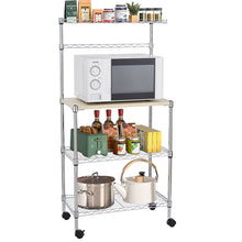 Load image into Gallery viewer, Metal Kitchen Bakers Rack, iRerts 4 Tier Metal Kitchen Organization Shelf Rack with Wheels, Adjustable Shelves and Wood Table, Microwave Oven Stand Coffee Bar Table Station for kitchen Office, Silver