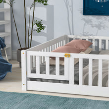 Load image into Gallery viewer, iRerts Queen Floor Bed Frame for Kids Toddlers, Wood Low Floor Queen Size Bed Frame with Fence Guardrail and Door, kids Queen Bed for Boys Girls, No Box Spring Needed, White