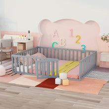 Load image into Gallery viewer, iRerts Queen Floor Bed Frame for Kids Toddlers, Wood Montessori Low Floor Queen Size Bed Frame with Fence Guardrail and Door, kids Queen Bed for Boys Girls, Spring Needed, Gray