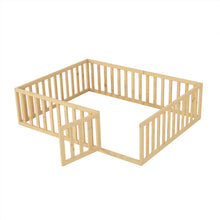 Load image into Gallery viewer, iRerts Queen Floor Bed Frame for Kids Toddlers, Wood Montessori Low Floor Queen Size Bed Frame with Fence Guardrail and Door, kids Queen Bed for Boys Girls, Spring Needed, Natural