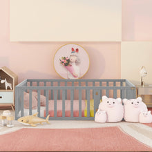 Load image into Gallery viewer, iRerts Full Floor Bed Frame for Kids Toddlers, Wood Montessori Low Floor Full Size Bed Frame with Fence Guardrail and Door, kids Full Bed for Boys Girls, Spring Needed, Gray