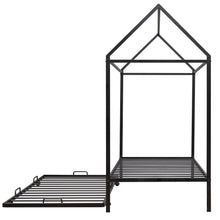 Load image into Gallery viewer, iRerts Twin Size Metal House Bed with Trundle, Kids Twin Bed Frame with Roof and Metal Slats, Twin Size Platform Bed Frame for Kids Bedroom, No Box Spring Needed, Black