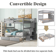 Load image into Gallery viewer, iRerts Full Over Full Bunk Bed, Wood Bunk Beds Full over Full with 2 Drawers and Staircases, Convertible into 2 Beds, Bunk Beds for Kids Teens Adults, Bunk Bed for Bedroom, No Box Spring Needed, Gray