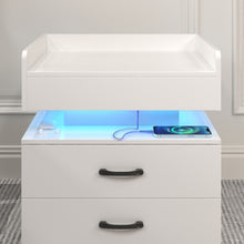 Load image into Gallery viewer, iRerts Nightstand for Bedroom, Wood End Side Table with Charging Station, USB Ports, 16 LED Lights, 2 Storage Drawers, Modern Bedside Table LED Nightstand for Bedroom Living Room, White