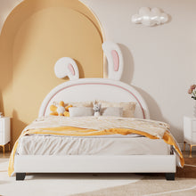 Load image into Gallery viewer, iRerts Full Size Upholstered Platform Bed, Cute Full Bed Frame for Kids Teens Bedroom, Full Platform Bed Frame with Rabbit Ears Headboard, Kids Full Bed Frame No Box Spring Needed, White