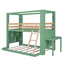 Load image into Gallery viewer, iRerts Twin Over Full Bunk Bed with Desk Storage Shelves, Wood Low Bunk Beds for Kids Teens Boys Girls, Floor Bunk Bed Twin Over Full for Kids Bedroom, No Box Spring Need, Green+Natural