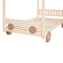 Load image into Gallery viewer, iRerts Wood Twin Size Canopy Bed, Car-Shaped Twin Platform Bed Frame for Kids Toddlers Boys Girls, Cute Kids Twin Bed Frame with Slats Support for Kids Bedroom, No Box Spring Needed, Natural