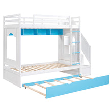 Load image into Gallery viewer, iRerts Wood Bunk Bed Twin over Twin , Modern Twin Over Twin Bunk Bed with Trundle, Storage Cabinet, Stairs and Ladders, Twin Bunk Beds for Kids Teens Adults Bedroom, White/Blue