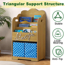 Load image into Gallery viewer, iRerts Kids Bookshelf, Wood 4 Tier Kids Toddler Bookcase with 3 Shelves Book Organizer, 2 Moveable Storage Boxes, Kids Book Shelf Organizer Book Rack Sling Book Display Stand for Kids Bedroom, Brown