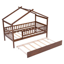 Load image into Gallery viewer, Twin Bed Frame with Twin Size Trundle, iRerts Wood Twin House Bed with Roof, Modern Twin Platform Bed Frame No Box Spring Needed, Twin Size Bed Frame for Kids Boys Girls Bedroom, Walnut