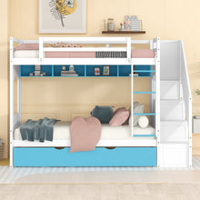 Load image into Gallery viewer, iRerts Twin Over Twin Bunk Bed with Trundle, Solid Wood Bunk Beds Twin over Twin with Storage Cabinet, Stairs and Ladders, Twin Bunk Beds for Kids Teens Bedroom, White/Blue