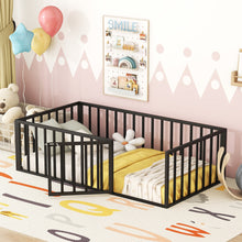Load image into Gallery viewer, iRerts Twin Floor Bed Frame, Metal Twin Size Montessori Floor Bed Frame with Fence and Door, Kids Toddler Floor Bed Frame Twin Size for Girls Boys, Twin Bed Frame without Bed Slats, Black
