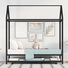 Load image into Gallery viewer, iRerts Twin Size Metal House Bed with Trundle, Kids Twin Bed Frame with Roof and Metal Slats, Twin Size Platform Bed Frame for Kids Bedroom, No Box Spring Needed, Black