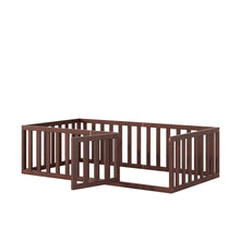 Load image into Gallery viewer, iRerts Twin Floor Bed Frame for Kids Toddlers, Wood Montessori Low Floor Twin Size Bed Frame with Fence Guardrail and Door, kids Twin Bed for Boys Girls, Spring Needed, Walnut
