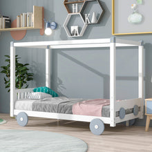 Load image into Gallery viewer, iRerts Wood Twin Size Canopy Bed, Car-Shaped Twin Platform Bed Frame for Kids Toddlers Boys Girls, Cute Kids Twin Bed Frame with Slats Support for Kids Bedroom, No Box Spring Needed, White